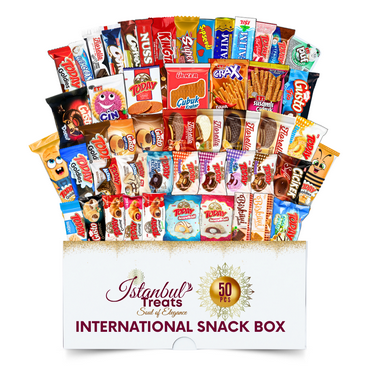 International Snack Box - 50 Pcs Exotic World Treats, Turkish Chocolates, Wafers, Pretzels & Cookies - Sweet & Salty Variety Pack