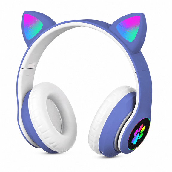 LUEYL Cat Ear Bluetooth Headphones for Kids Girls - Wireless Headset w/Mic, 94dB Volume Limit, LED Lights, Foldable, for School/Travel Blue