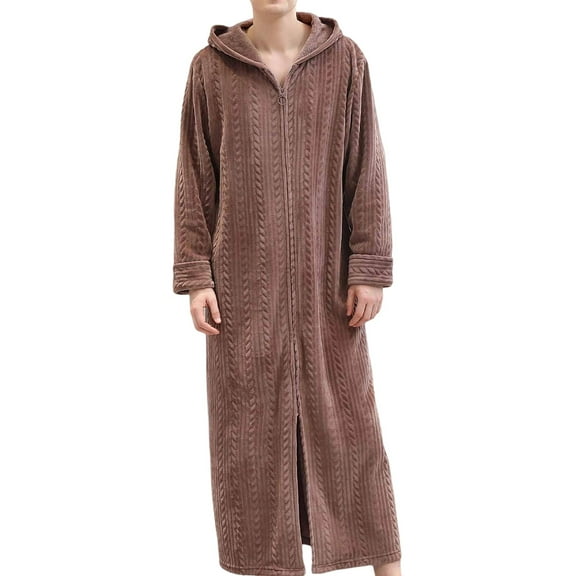 FNFFH Long Hooded Zipper Bathrobe for Men Flannel Fleece Robes Winter Warm Housecoat Nightgown Sleepwear Pajamas