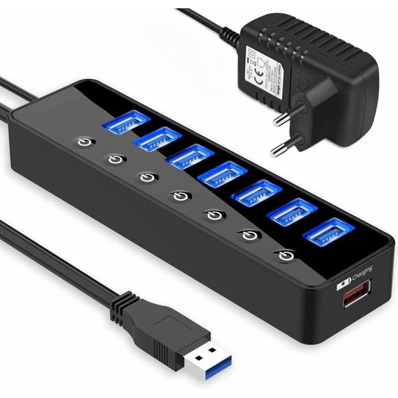 Usb Hub Active 3.0 With Power Supply, 7 Ports Usb 3.0 Hub Active Data Hub With Switch And 1 Intelligent Charging Port