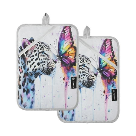 

Two Pieces Of Square Heat Insulation Pad Oven Mitts 7x9.8 Inch Oven Microwave Kitchen Cooking Baking Colorful Leopard and Butterflies