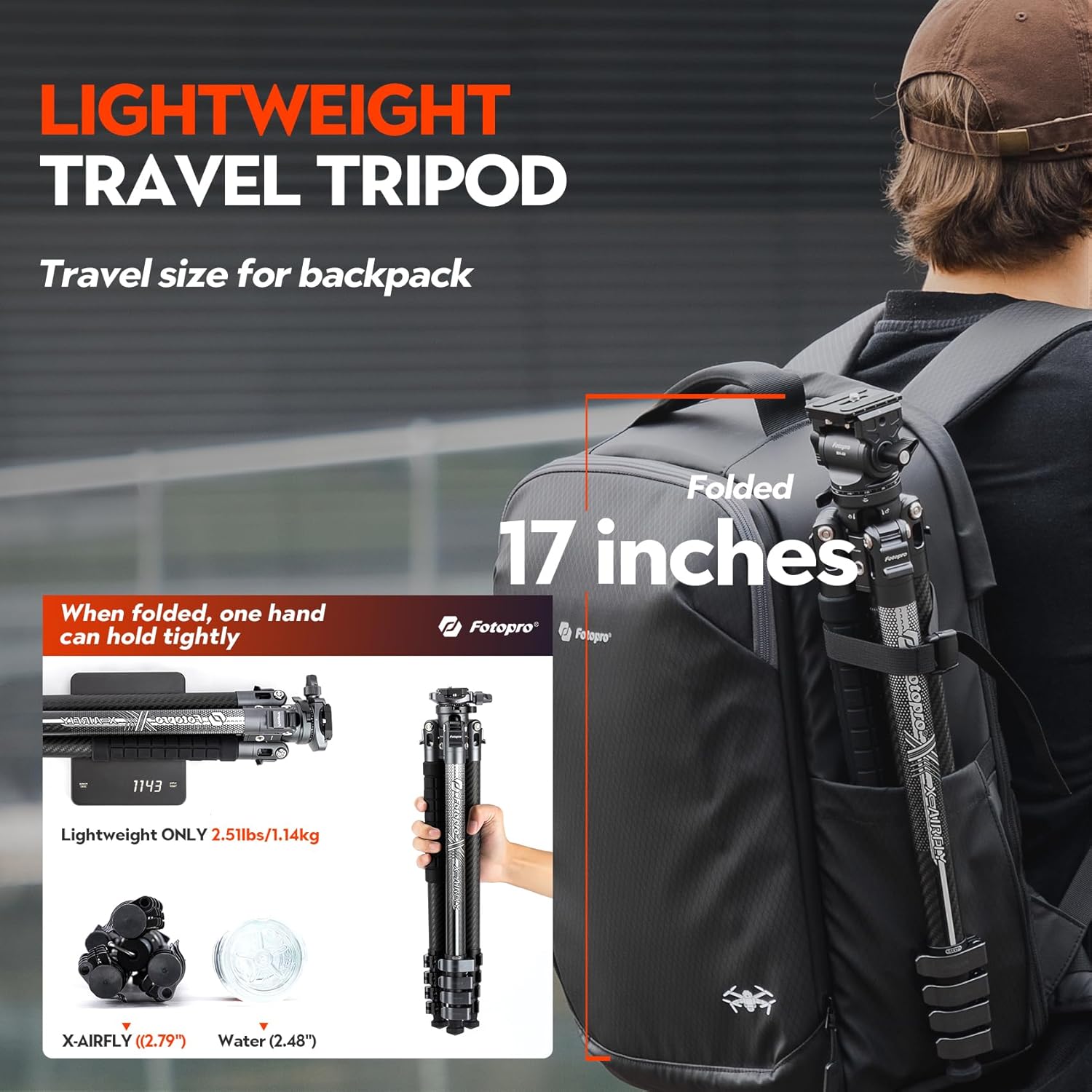 Fotopro X-Airfly 63" Carbon Fiber Tripod with Panoramic Ball Head, Lightweight Compact Camera Tripod Stand for Travel, Detachable Center Column, Hidden Phone Clip, Max Load 11 lbs, Grey