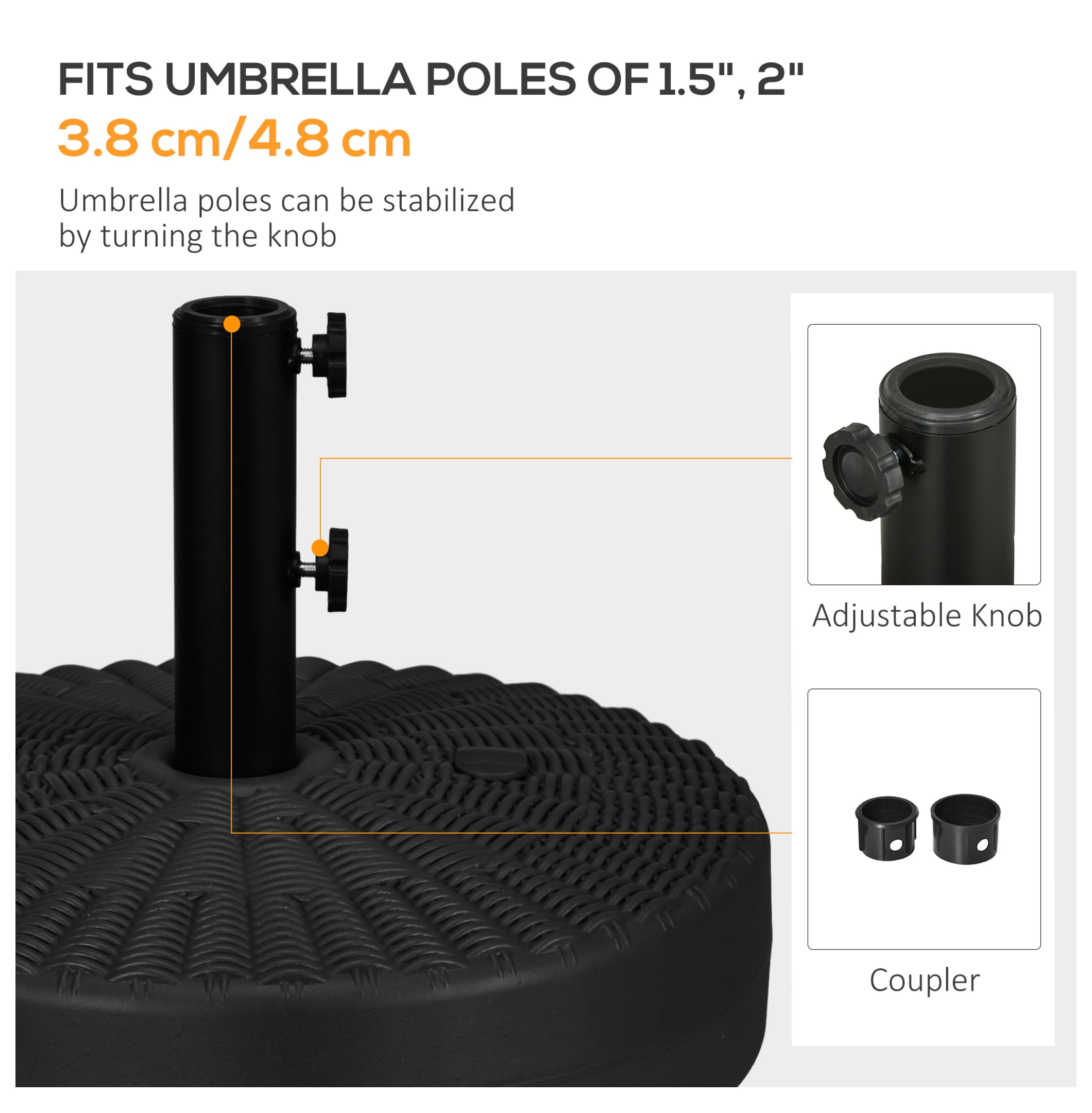 Umbrella Stand for 1.5" or 2" Umbrella Poles, Round Fillable Umbrella Base for Outdoor, Lawn, Deck, Black
