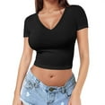 thumbnail image 2 of WCJM Women Pjs Sets Short Sleeve T Shirt Women's Short Sleeve T-Shirt Women's Soft Workout Slim Casual Short Sleeved V Neck Crop Tops, 2 of 5
