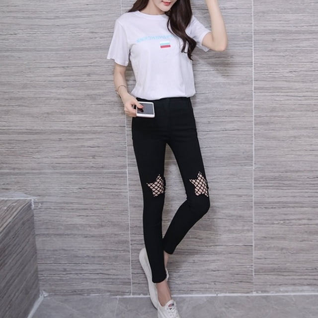 Pantalones de mujer Pantalones de malla con agujeros destruidos de verano Leggings delgados Pantalones lápiz, XXL tholdsy AP001645-05