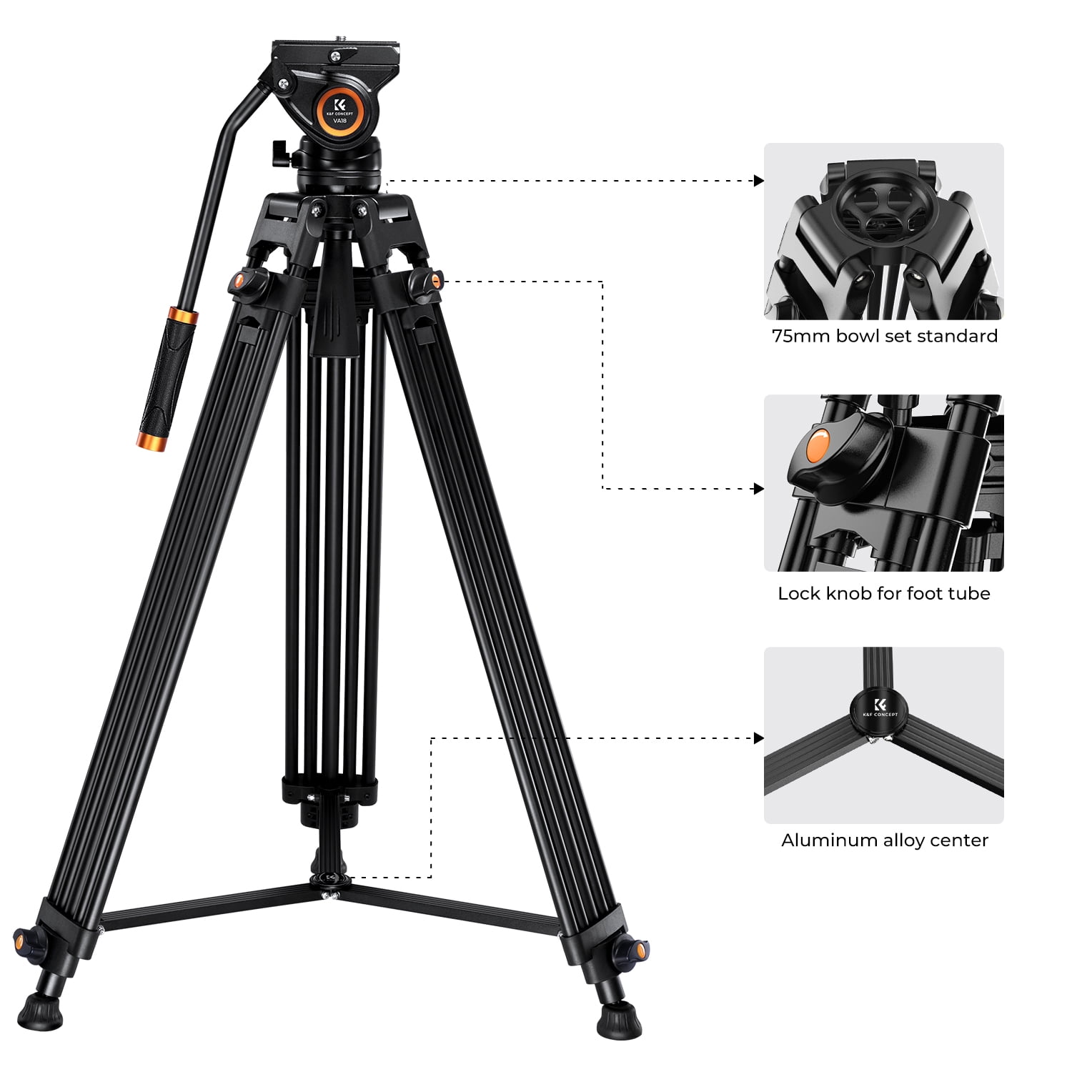 K&F Concept 72"/1.8m Aluminum Video Tripod with Transverse Center Column, 17.6lbs/8KG Camera Tripod with Fluid Head for DSLR Camcorders
