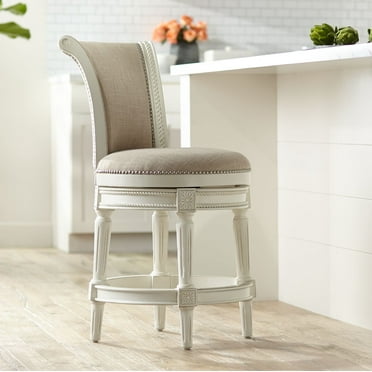 55 Downing Street Oliver Wood Swivel Bar Stool White 24 1/2" High Traditional Scroll Cream Round Cushion with Backrest Footrest for Kitchen Counter