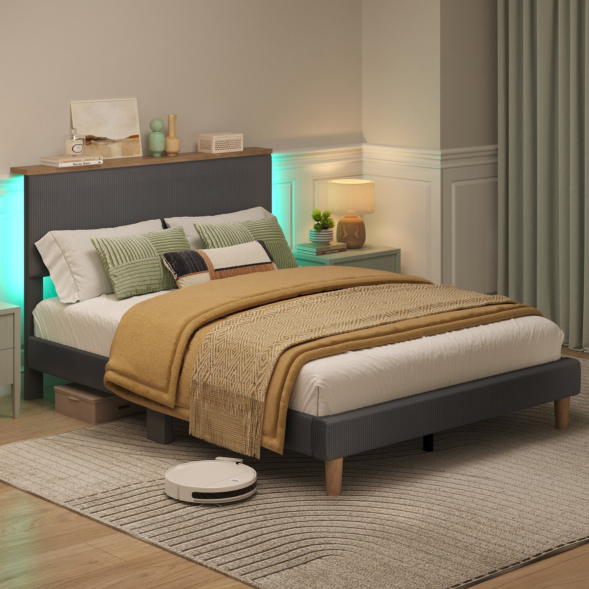 Bestier Full Size Bed Frame Upholstered Corduroy Platform Bed with LED Light & Adjustable Storage Headboard for Bedroom, Gray