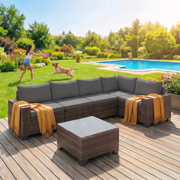 Outdoor Patio Conversation Set, All-Weather Gray PE Wicker Sectional Sofa with Coffee Table & Thick Cushions