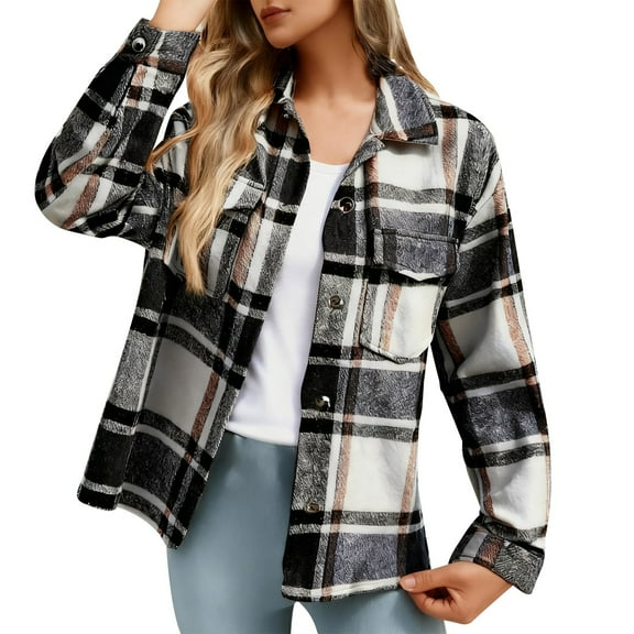 Light Jackets For Women Sevevn Women's 2025 Fall Clothes Plaid Shacket Jacket Long Sleeve Button Down Flannel Shirts Fashion Jacket