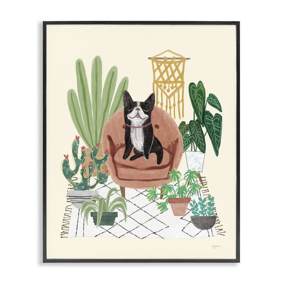 Stupell Industries Dog on Sofa with Plants Animals & Insects Painting Black Framed Art Print Wall Art, 11 x 14