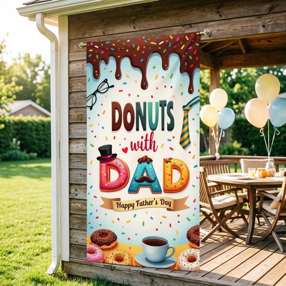 Father's Day Donut Door Banner, "Donuts with Dad" Themed Party Backdrop, Lightweight Polyester Decoration, 71" x 35"