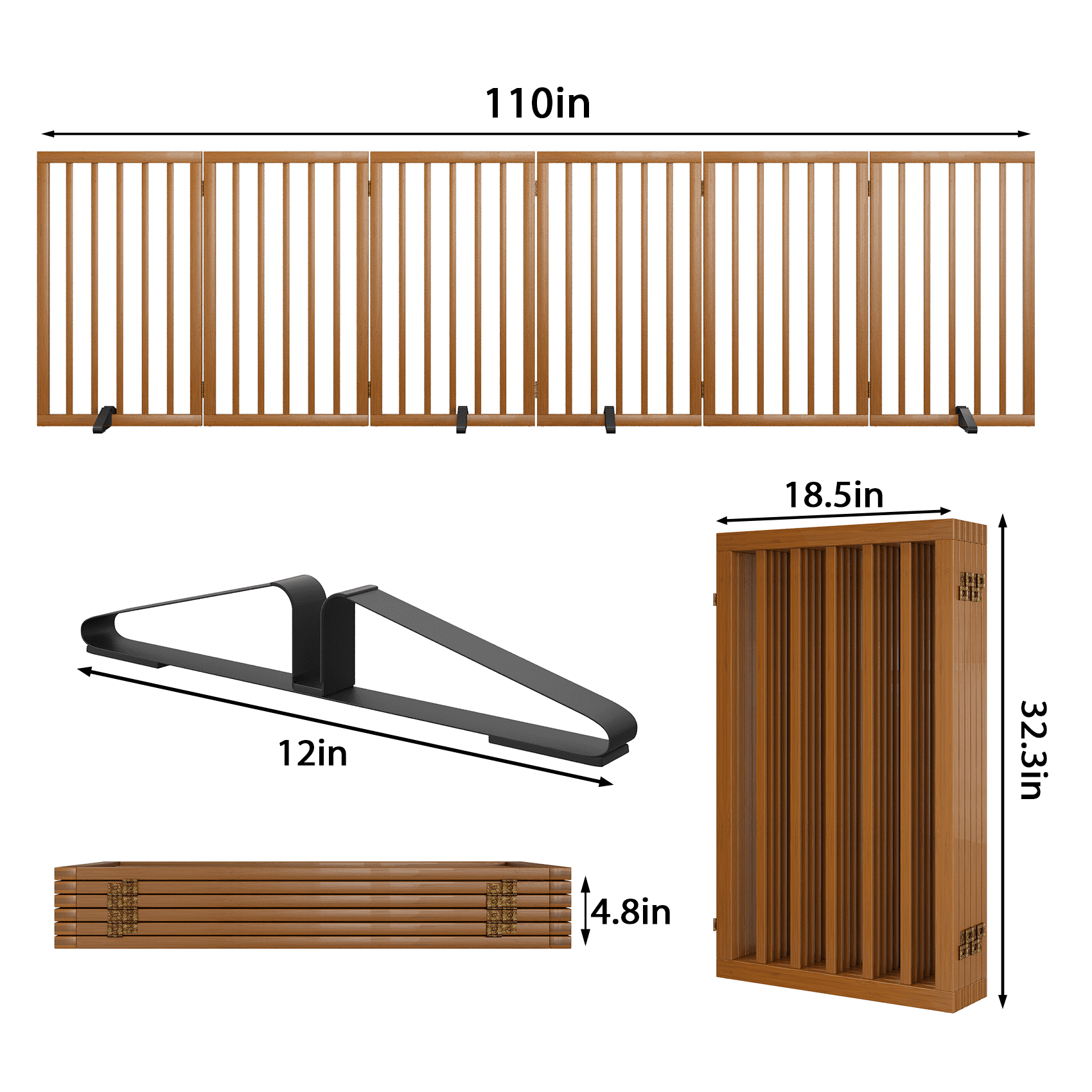 Smart FENDEE 6 Panel Foldable Bamboo Freestanding Pet Gate with Dog Gate and 4 Support Feet, Expands to 110 in Wide