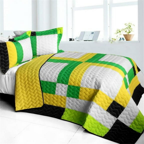 ONITIVA-QTS01398-23 Fresh Field - 3 Pieces Vermicelli - Quilted Patchwork Quilt Set  Full & Queen Size - Green