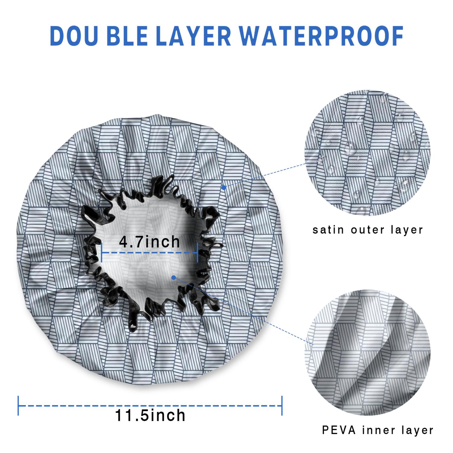 Shower Caps,Blue Geometric Striped Pattern Waterproof Shower Cap for Women 4 Pieces,Double Reusable Hair Cover for Shower PEVA Elastic Stretch Hem