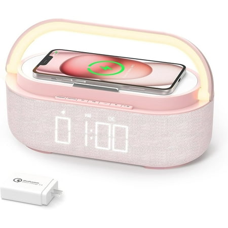 6-in-1 Wireless Charger Bluetooth Speaker with Alarm Clock, FM Radio & Night Light for iPhone + 18W Adapter Pink