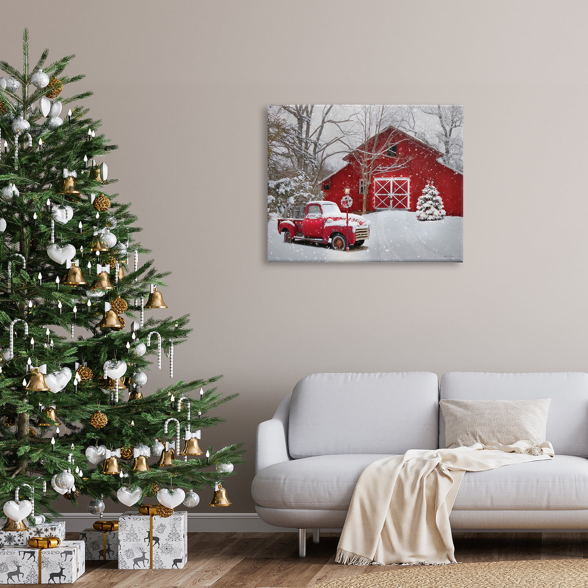 Red Barn & Truck Powdery Snow Rural Scenery Transportation Painting Gallery-Wrapped Canvas Print Wall Art