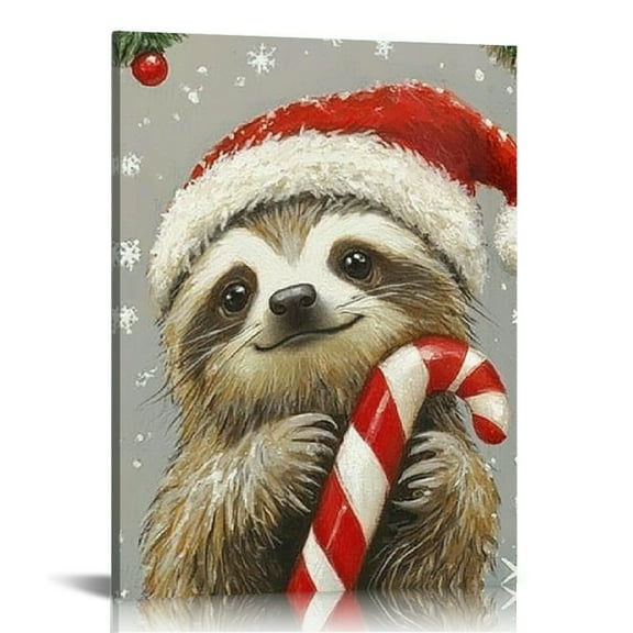Creowell Sloth Santa Hat Candy Cane Canvas Wall Art Christmas Home Decor Living Room Bathroom Bedroom Office Ready to Hang Prints 12x16in