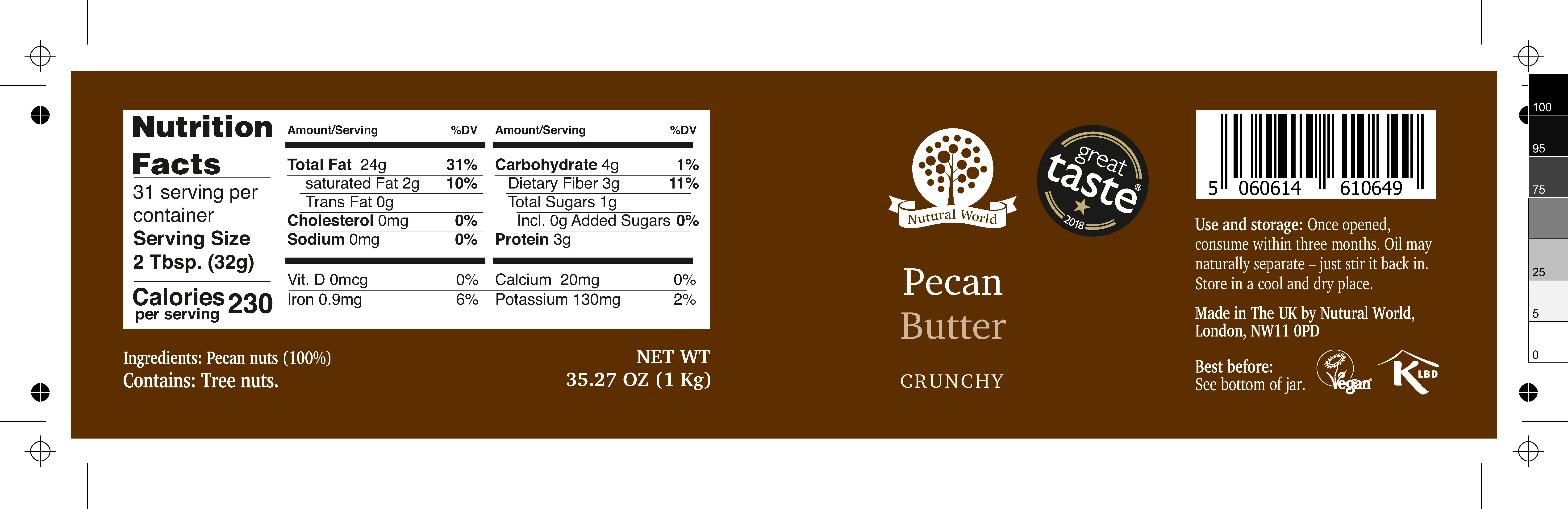 Nutural World - Crunchy Pecan Nut Butter 35 oz (1kg) - Great Taste Award Winner - Pure 100% Single Ingredient