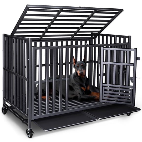 Heavy Duty Dog Crate 49 Inch, Escape-Proof Indestructible Cage for High-Anxiety Dogs, 3-Door Kennel with 4 Lockable Wheels and 2 Removable Trays Ideal for Large & Medium Breeds