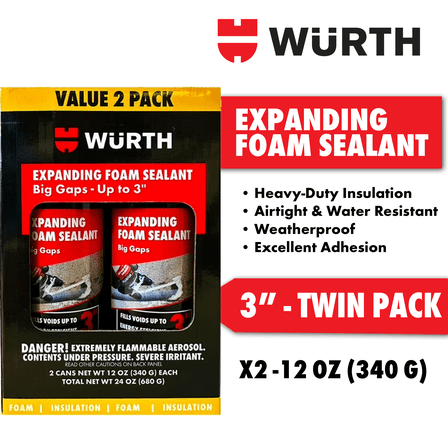 Würth Expanding Foam Sealant Value 2-Pack - Big Gaps up to 3 Inches, 2 x 12 oz Insulating Spray Foam Cans