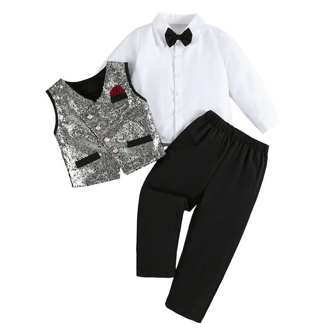 TIEVOSA Ensembles de Costumes pour Garçons Tenues Formelles Décontractées avec Gilet pour Enfants Performance Récital de Piano Spectacle Fête Élégant Stylé Automne Hiver Printemps pour 4-5 Ans (Noir)