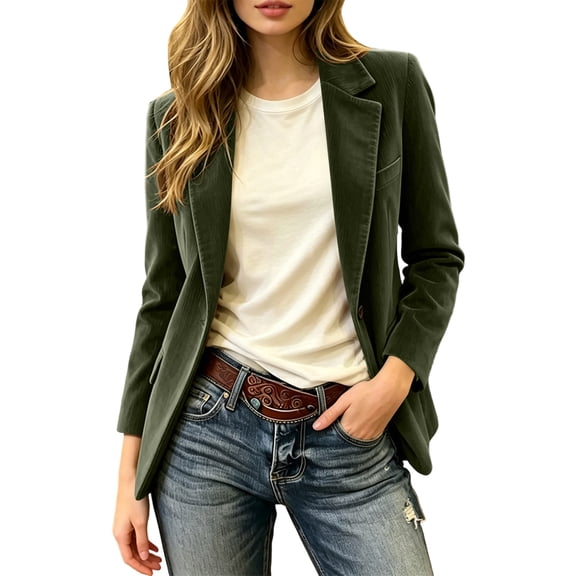 ClodeEU Women's Notched Lapel Open Front Corduroy Blazer with Pockets,Casual Loose Vintage Suit Jacket Army Green,Women's Plus L