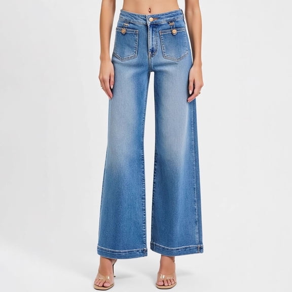 LWavelet Womens High Waisted Wide Leg Cuffed Jeans Daily Casual Denim Pants Blue S