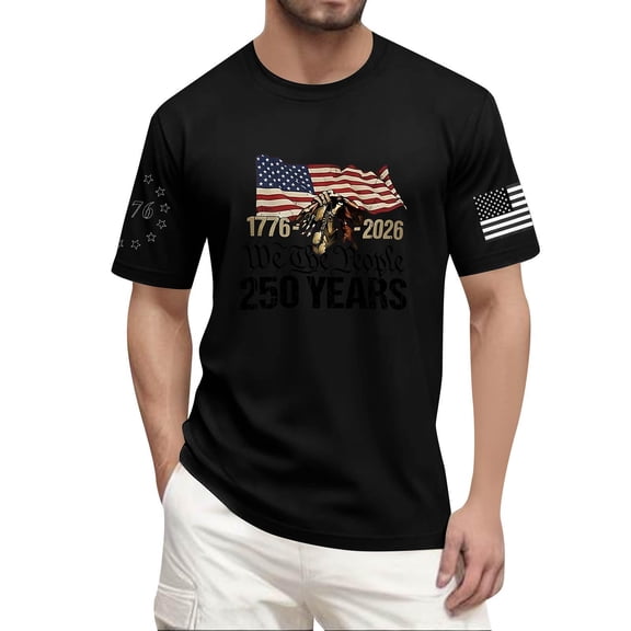 YNGKMEA 250 Years Anniversary Shirts for Men American Flag Patriotic Short Sleeve Tops 4th Of July Crew Neck Pullover Fashion 250th Birthday T-Shirt Black 5XL