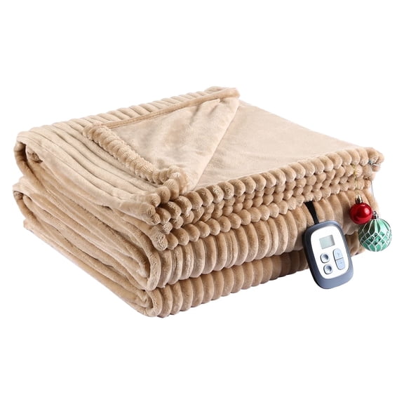 SUNNY HEAT Heated Electric Blanket Ribbed Flannel 72"x84" Full Size - 10 Heating Settings & 2/4/6/8/10/12 Hours Auto off, Thick and Warm Washable - Brown