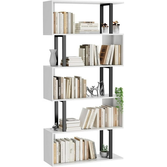 5 Tier Geometric Bookcase,S Shaped Bookshelf, Wood Decorative Storage Shelving, Modern Freestanding Display Shelves, Tall Book Shelf Unit for Living Room Bedroom, White