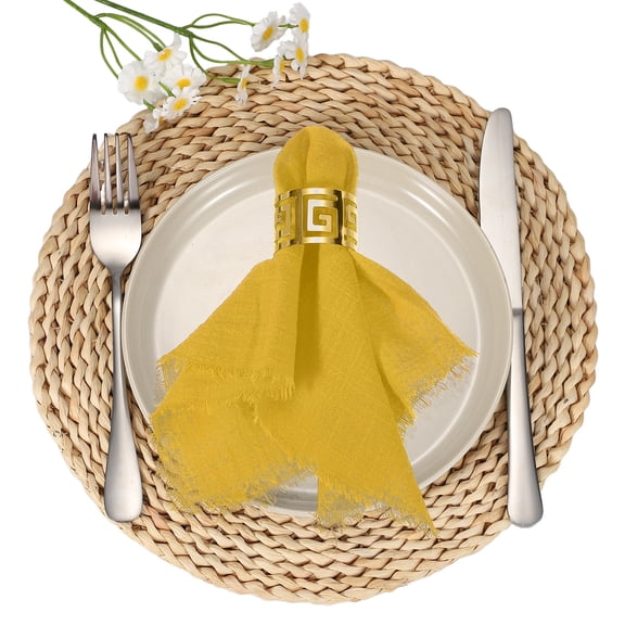 Uxcell 6Pcs Cotton Linen Napkins, 13 x 13 Inch Cloth Napkins Pleated Square with Fringe Washable Reusable Rustic Soft Handmade Cloth Dinner Table Decor for Wedding Party, Bright Yellow