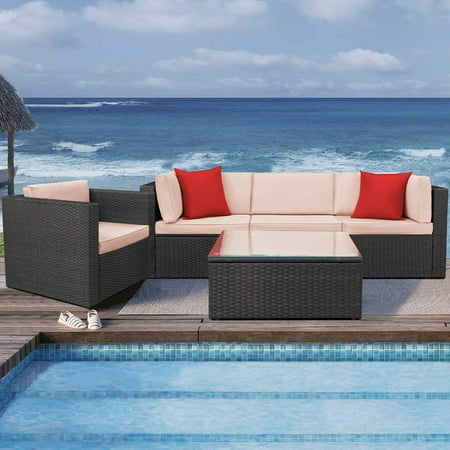 LACOO 5 Pieces Outdoor Indoor Furniture Sectional Sofa Modern Wicker Sets with Cushion All Weather Rattan Conversation Set with Glass Coffee Table and Armchair for Patio Backyard Poolside Garden