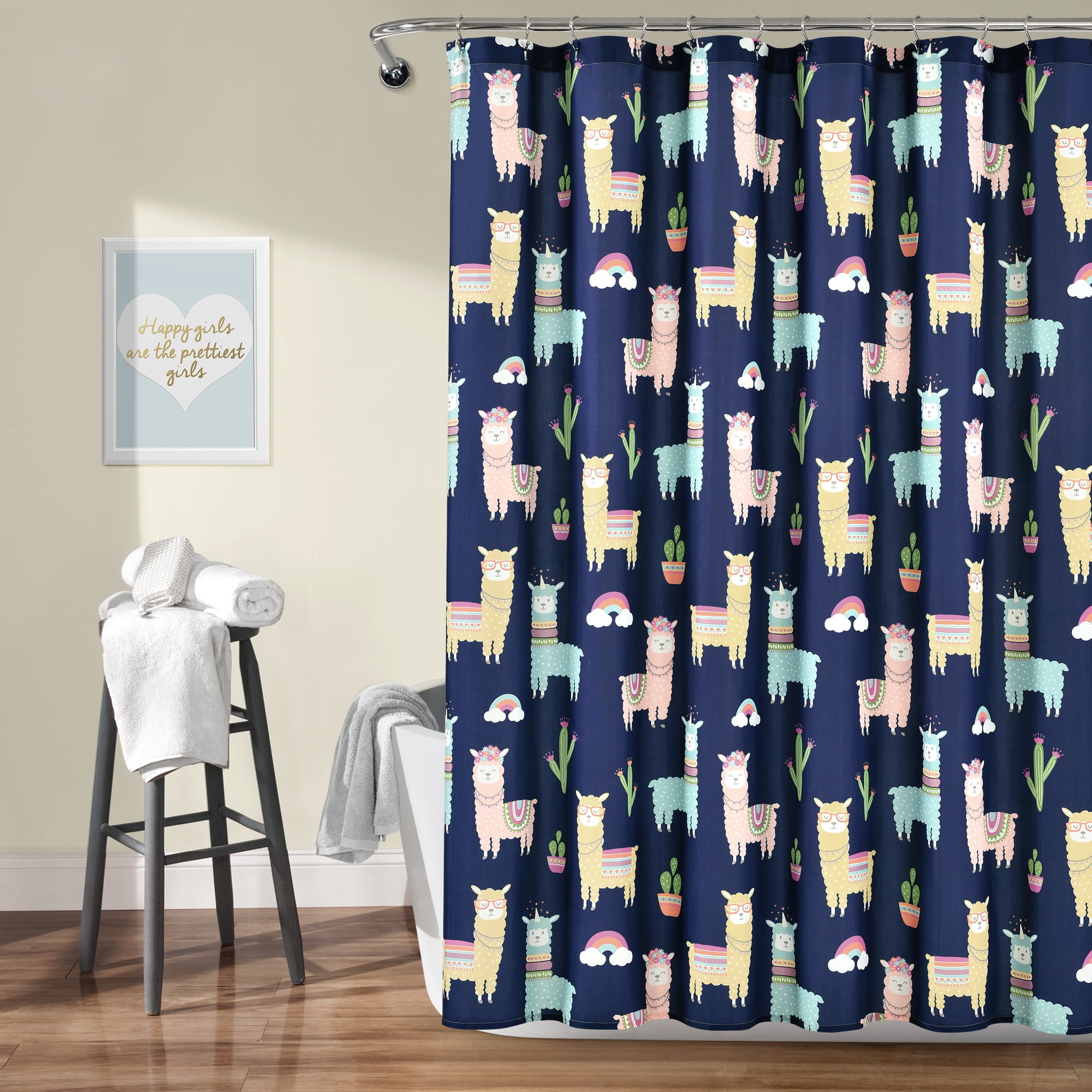 Make A Wish Southwest Llama Cactus by Lush Decor Shower Curtain,72' x 72', Navy/Yellow, Single