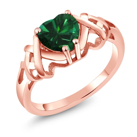 Gem Stone King 1.00 Ct Heart Shape Green Simulated Emerald 18K Rose Gold Plated Silver Ring (Size 7)