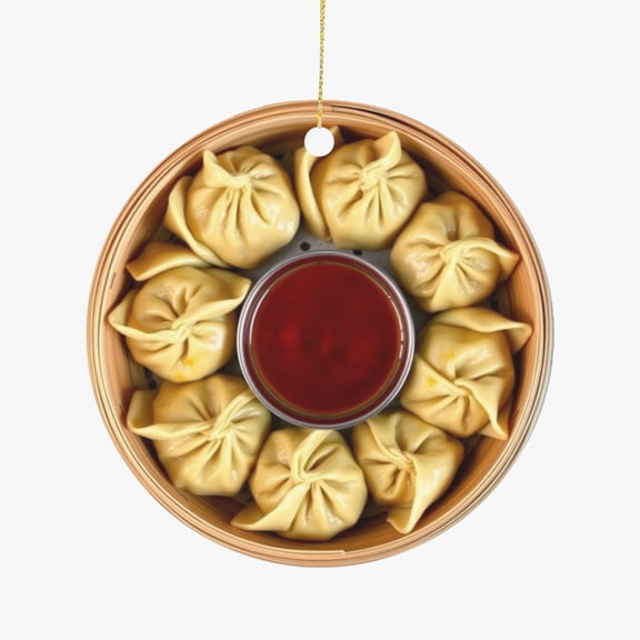 Nepalese Momo Dumplings, Dipping Sauce, Nepal Cuisine Food Lovers Foodie Novelty Holiday Christmas Ornament Xmas Tree Gift (Flat Design Printed on Ceramic, NOT 3D)