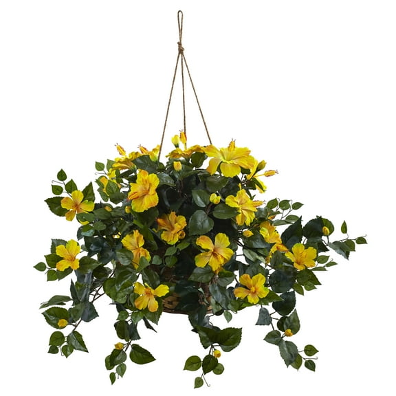 Nearly Natural Yellow Hibiscus Artificial Flower Hanging Basket Arrangement