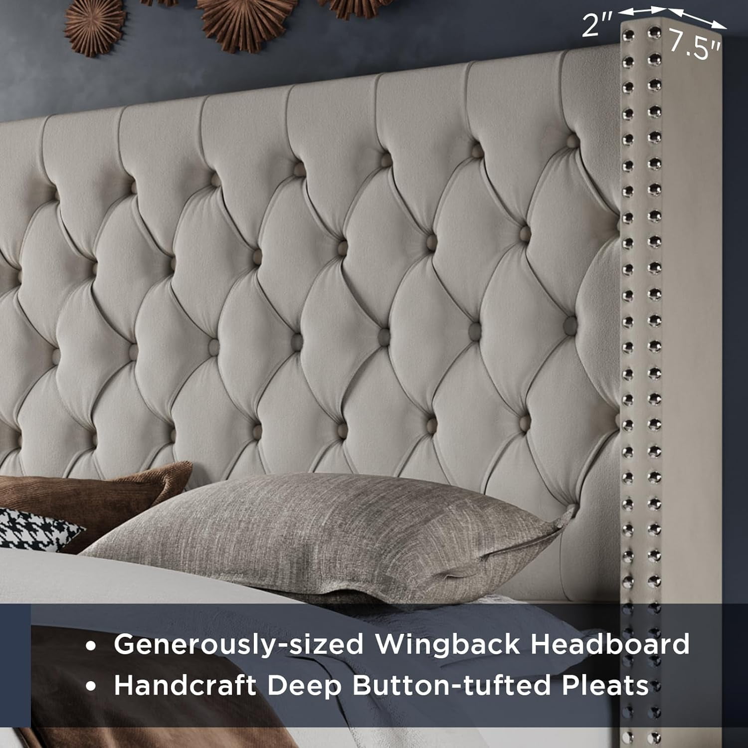 Merluxy King Bed Frame 61.4" Tall Headbord with Deep Button Tufting and Velvet Upholstered,Cream
