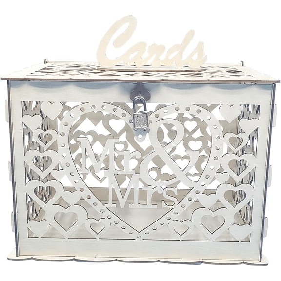 Wedding Card Box, Vintage White Wooden Envelope Holder With Heart Cutout and Lock, Rustic Gift Card Display for Wedding Reception Spring Party Decor