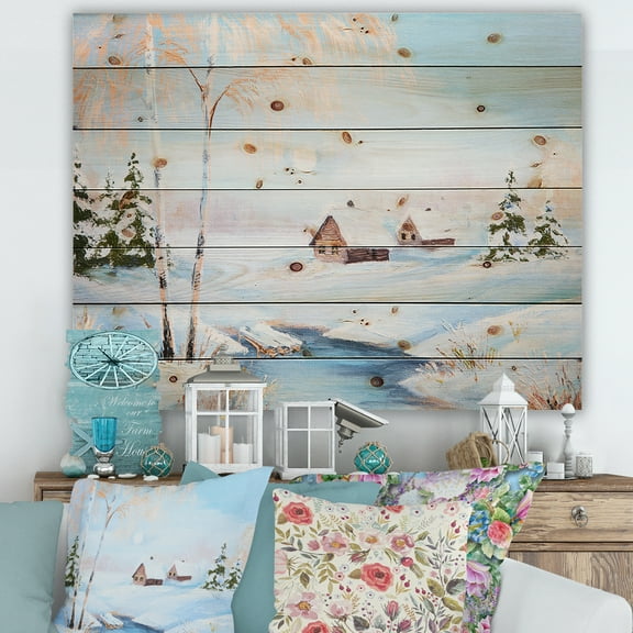 Designart 'Frozen River In The Forest Winter Landscape' Lake House Print on Natural Pine Wood