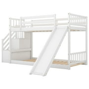EUROCO Wood Twin over Twin Bunk Bed with Slide and Staircase, Low Profile Bunk Bed with Storage for Kids Teens