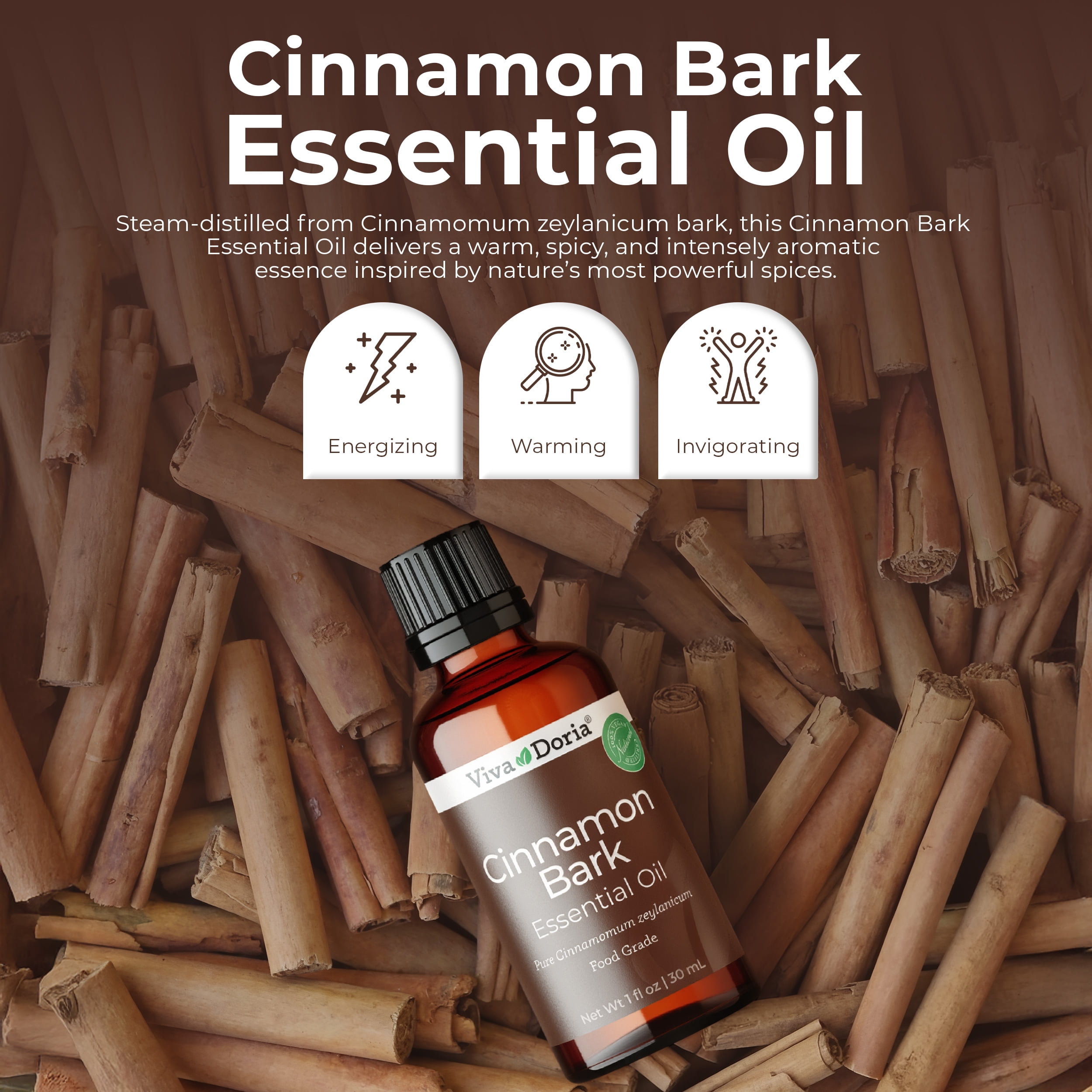 Viva Doria Cinnamon Bark Essential Oil, 100% Pure, Natural Essential Oil, Undiluted, for Aromatherapy | Food Grade, 30 mL (1 Fluid Ounce)