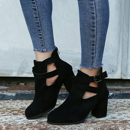 

Tangnade Women Shoes Women s Fashion Casual Roman Short Ankle Boots Chunky Heels Leather Shoes Black 37