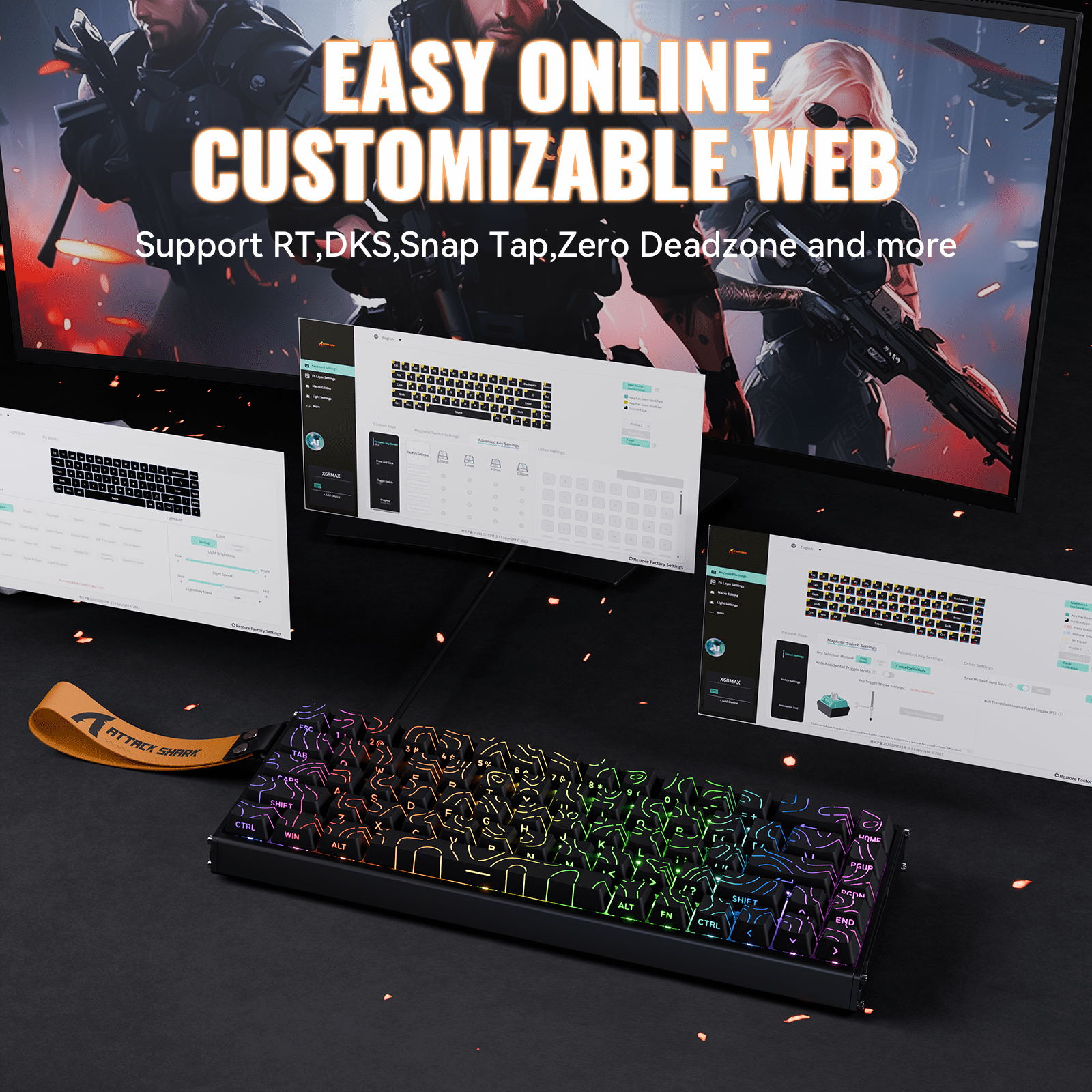 ATTACK SHARK X68 MAX 60% Wired Mechanical Gaming Keyboard, Aluminum Alloy Case, Rapid Trigger, Hall Effect Magnetic Switches, 8KHz Polling Rate, RGB Backlit, PC/Mac Compatible, Black Contours