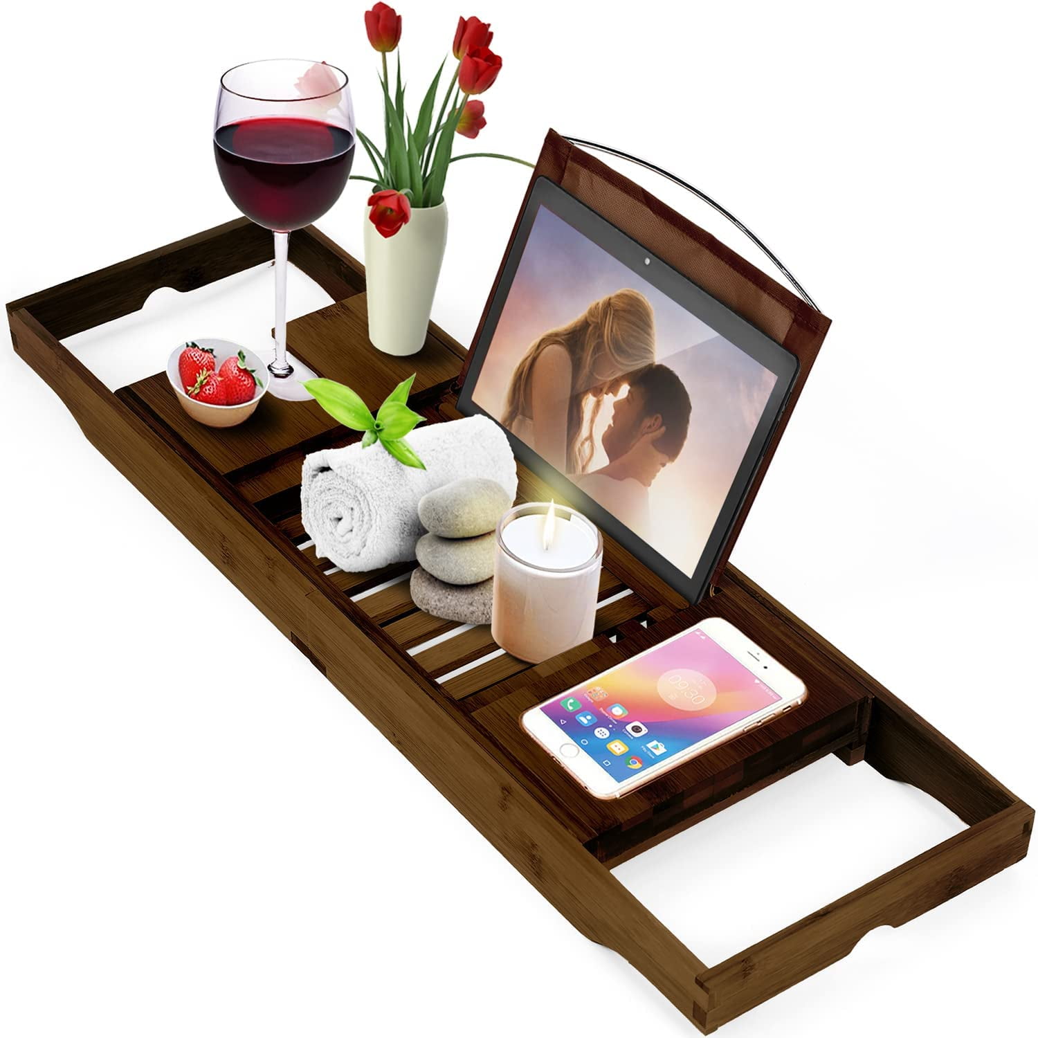 Bamboo Bathtub Caddy Tray Rack Book/Pad/Tablet Holder & 3D Mesh