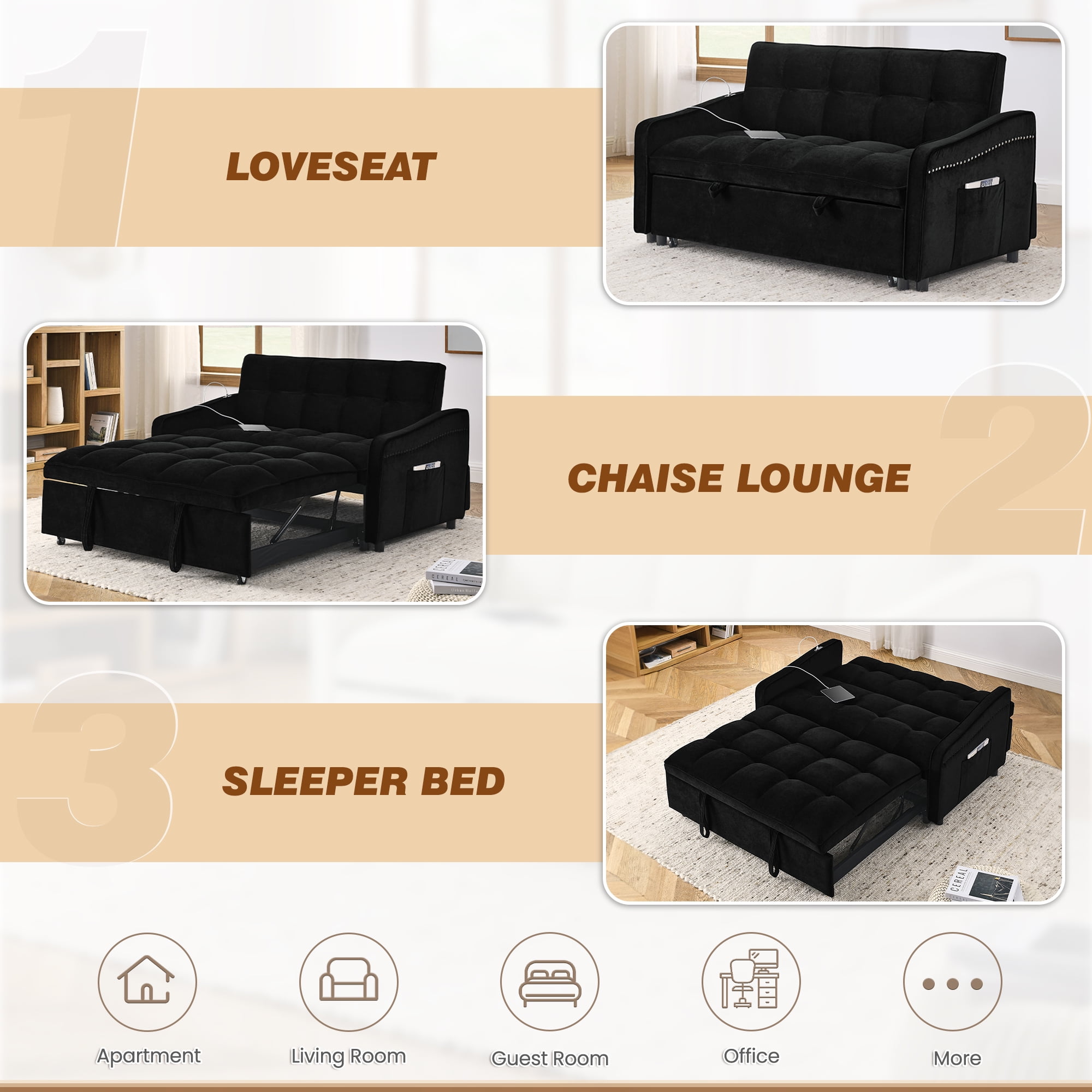 Lunale Pull Out Sofa Bed, Loveseat Sleeper with USB/Type-C, Adjust Back, Convertible Sleeper Sofa for Living Room/Apartment, Black Velvet