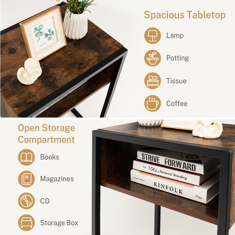 Finihen End Side Table, Rectangular Nightstand, Industrial Side Table with Anti-Rust Steel Frame and Open Storage, for Living Room, Bedroom, Brown Finihen End Side Table, Rectangular Nightstand, Industrial Side Table with Anti-Rust Steel Frame and Open Storage, for Living Room, Bedroom, Brown