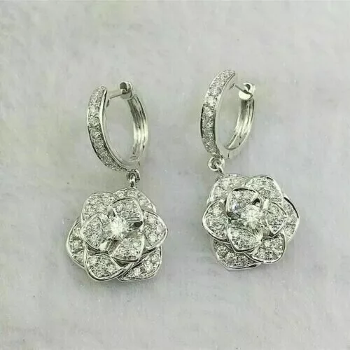 2.57 Ct Round CZ Diamond Dangle Drop Earrings, 14K White Gold Plated Sterling Silver