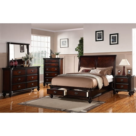 King Size Furniture Sets For Cheap Traditional Look Cherry Finish Bedroom Furniture Classic California King Size Bed 4pc Set Dresser Mirror Nightstand FB w Storage ()