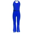 thumbnail image 6 of iiniim Girls Sequins Jumpsuit One Piece Fish Scale Performance Leotard Mermaid Mesh Halter Flared Leg Bodysuit Blue 14, 6 of 7